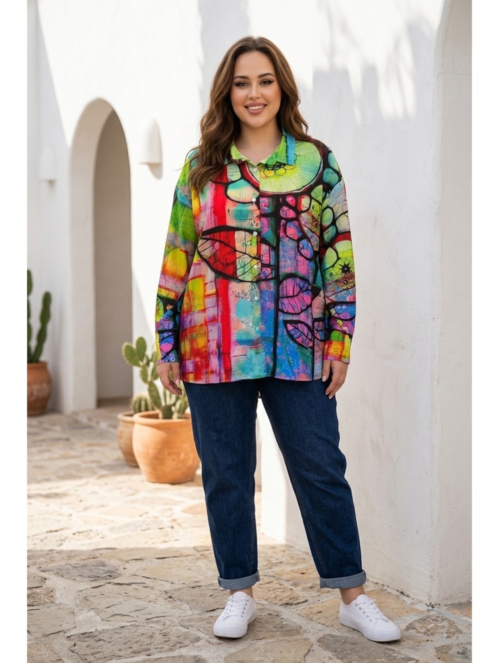 Plus Size 5XL Colorful Abstract Floral Button-Up Shirt